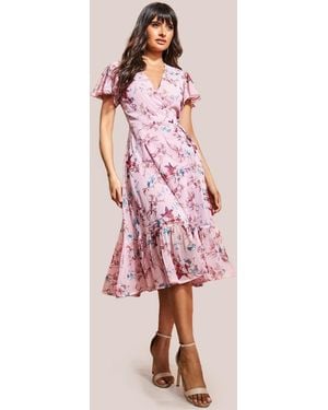 City Goddess Wrap Flutter Sleeve Floral Midi Dress - Pink