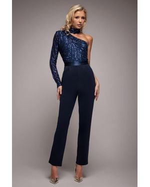Goddiva One Shoulder Sequin Jumpsuit - Blue