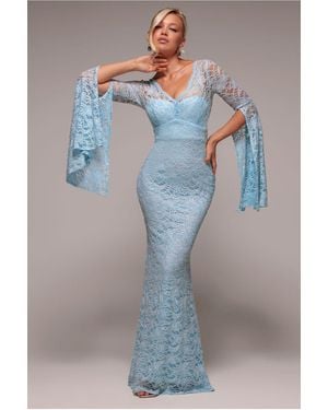 Goddiva Cape Sleeve Lace Mermaid Hem Maxi Dress - Blue