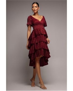 Goddiva Crinkle Lurex High Low Layered Midi Dress