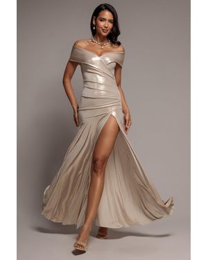Goddiva Off Shoulder Bardot Pleated Foil Maxi Dress - Brown