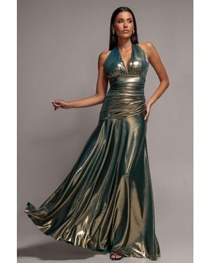 Goddiva Halterneck Empire Waist Gathered Sunrise Foil Maxi Dress - Grey