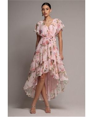 Goddiva Flutter Sleeve Chiffon Midaxi Wrap Dress - Brown