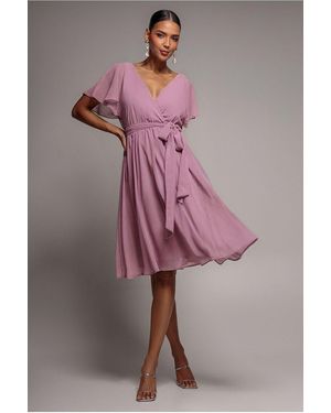 Goddiva Sustainable Flutter Sleeve Chiffon Wrap Midi Dress - Pink
