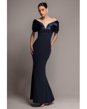 Goddiva Satin Plunge Neck Bardot Scuba Maxi Dress - Blue