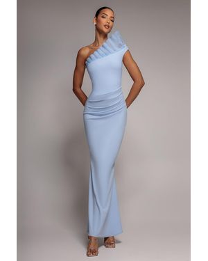 Goddiva One Shoulder Organza Frill Pleated Mermaid Maxi Dress - Blue