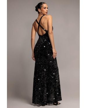 Goddiva Sequin & Velvet V Neck Cross Back Maxi Dress - Black