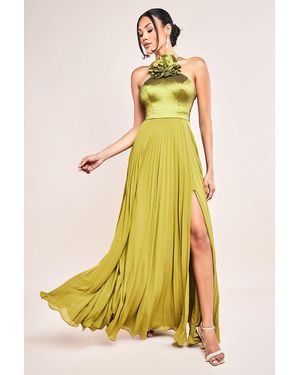 Goddiva Pleated Chiffon Corsage Halter Strappy Maxi Dress - Yellow