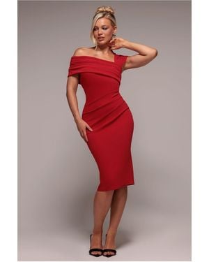 Goddiva Scuba Crepe Pleated Drop Shoulder Midi Dress - Red