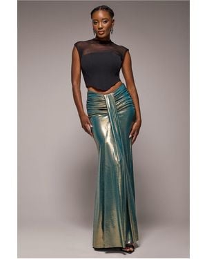 Goddiva Gathered Front Dipped Waist Foil Maxi Skirt - Metallic