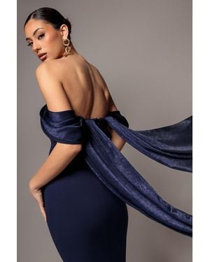 Goddiva Off Shoulder Velvet Satin Wing Cape Maxi Dress - Blue