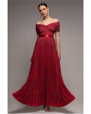 Goddiva Bardot Pleated Skirt Maxi - Red