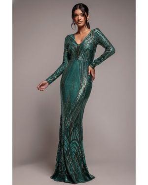 Goddiva Two Toned V Neck Sequin Maxi - Green