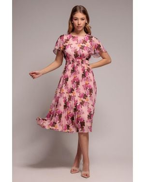 Goddiva Flutter Sleeve Pleated Skirt Floral Midi Dress - Pink