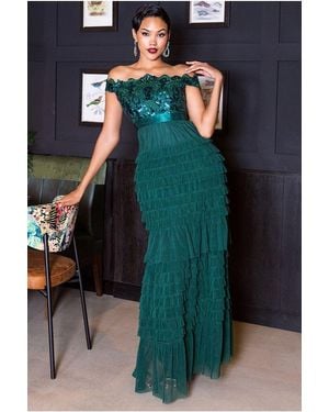 Goddiva Scallop Bardot Ruffle Mesh Maxi - Green