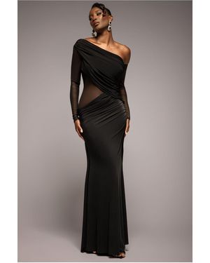 Goddiva Gathered Cowl Asymmetric Mesh And Soft Touch Maxi Dress - Black