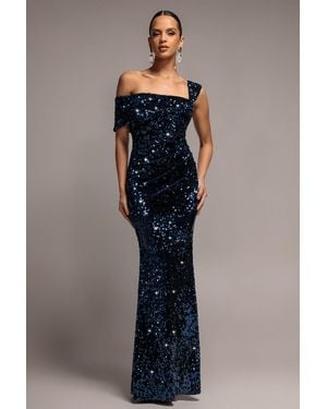Goddiva Asymmetric Off Shoulder Pleated Waist Maxi Dress - Blue
