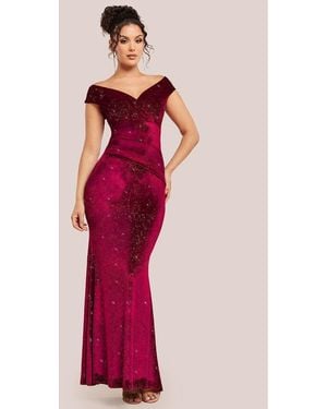 Goddiva Shimmer Velvet Bardot Maxi Dress - Red