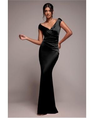 Goddiva Satin Off The Shoulder Maxi Dress - Black