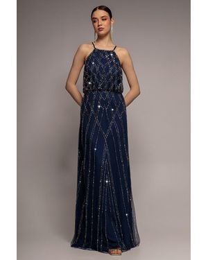 Goddiva Racer Neck Sleeveless Hand Embellished Sequin Maxi Dress - Blue
