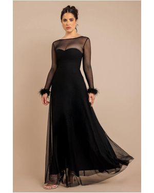 Goddiva Dobby Mesh Feather Sleeve Hem Maxi Dress - Blue