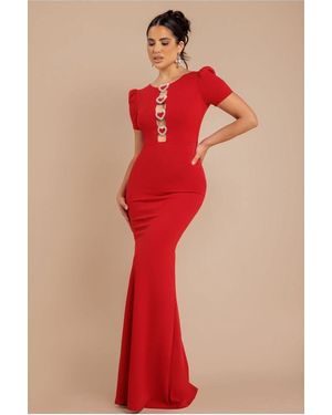 Goddiva Diamante Embellished Heart Brooch Scuba Maxi Dress - Red