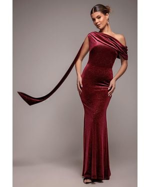 Goddiva Glitter Velvet Sash One Shoulder Bardot Maxi Dress - Red