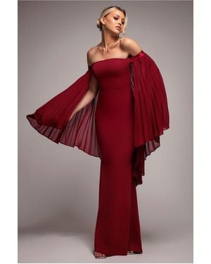 Goddiva Strapless Maxi Dress With Pleated Chiffon Cape - Red