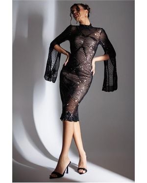 Goddiva Sequin Starburst Cape Sleeve Midi Dress - Black