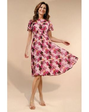 Goddiva Flutter Sleeve Pleated Skirt Floral Midi Dress - Pink