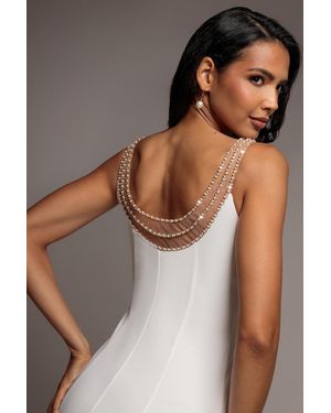 Goddiva Diamante Pearl Neck Scuba Crepe Sleeveless Maxi Dress - Gray