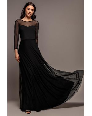 Goddiva Sheer Sleeve Dobby Mesh Sweetheart A Line Maxi Dress - Black