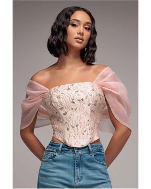 Goddiva Off Shoulder Jacquard Top With Organza Wings - Gray