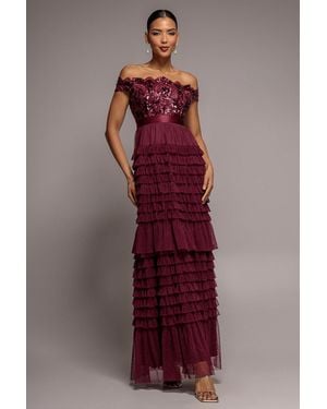 Goddiva Scallop Bardot Ruffle Mesh Maxi - Red