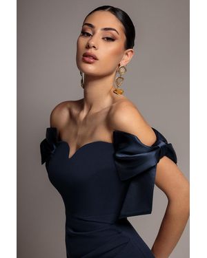 Goddiva Satin Bow Bardot Sheath Maxi Dress - Blue