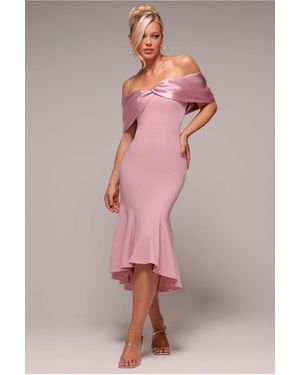 Goddiva Twist Knot Satin & Scuba Bardot High Low Midi Dress - Pink