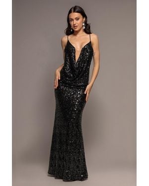 Goddiva Plunge Cowl Criss Cross Back Sequin Maxi Dress - Blue