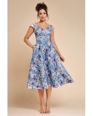 Goddiva Floral Print A-Line Sweetheart Midi Dress - Blue