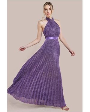 Goddiva Lurex Halterneck Pleated Maxi Dress - Purple