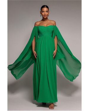 Goddiva Chiffon Off The Shoulder Maxi With Cape Sleeves - Green
