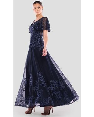 Goddiva Lace Flutter Sleeve Embroidered Mesh A Line Maxi Dress - Blue