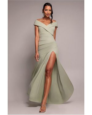 Goddiva Scuba Crepe Off Shoulder Front Split Maxi Dress - Green