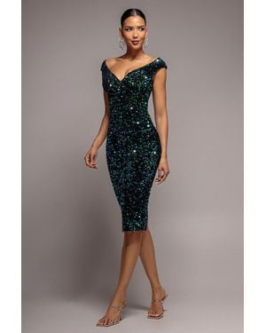 Goddiva Multi Sequin & Velvet Bardot Midi - Green