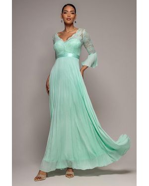 Goddiva Scalloped Lace Bodice Pleated Chiffon A Line Maxi Dress - Green