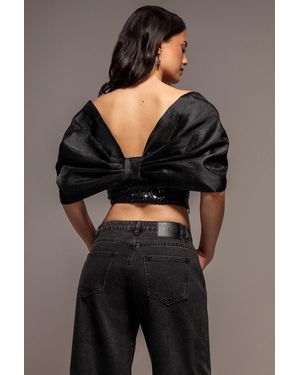 Goddiva Off Shoulder Corset Top With Back Satin Bow - Black