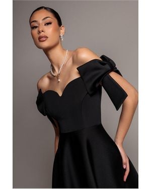 Goddiva Bardot Plunge Neck Bow Sleeve A Line Midi Dress - Gray
