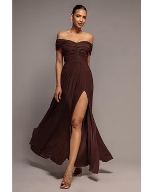Goddiva Gathered Bardot Maxi Dress With Front Split - Brown