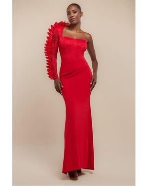 Goddiva One Shoulder Organza Fan Detail Lace Bodice Maxi Dress - Red
