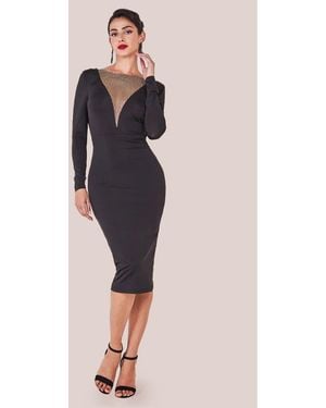 Goddiva Diamante Fishnet Cowl Back Midi - Black