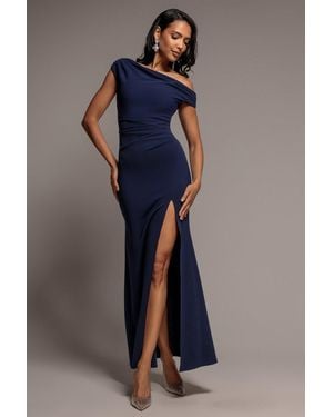 Goddiva Asymmetric One Shoulder Front Split Scuba Crepe Maxi Dress - Blue